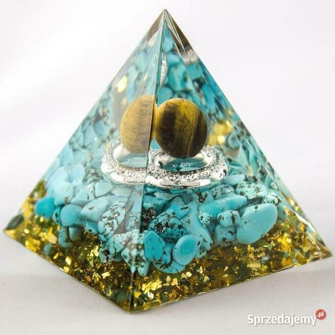 PIĘKNA PIRAMIDKA ORGONIT TURKUS TYGRYSIE OKO ZŁOTA FOLIA