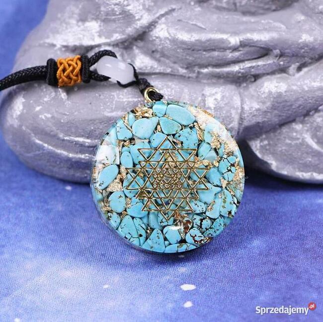 Piękny Błękitny Naszyjnik Orgonitowy Turkus Złota Folia