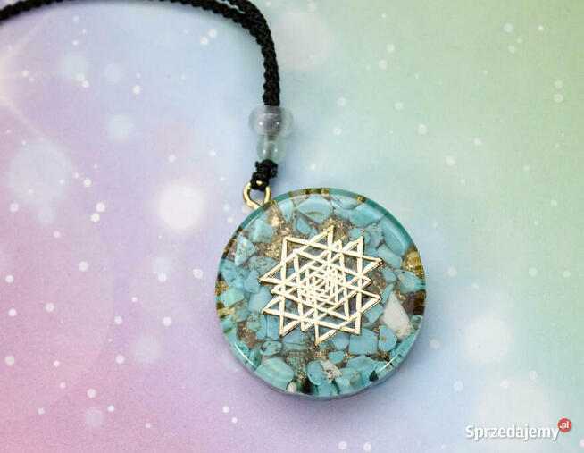 Naszyjnik Wisiorek Turkus Złota Folia Śri Jantra Piękny