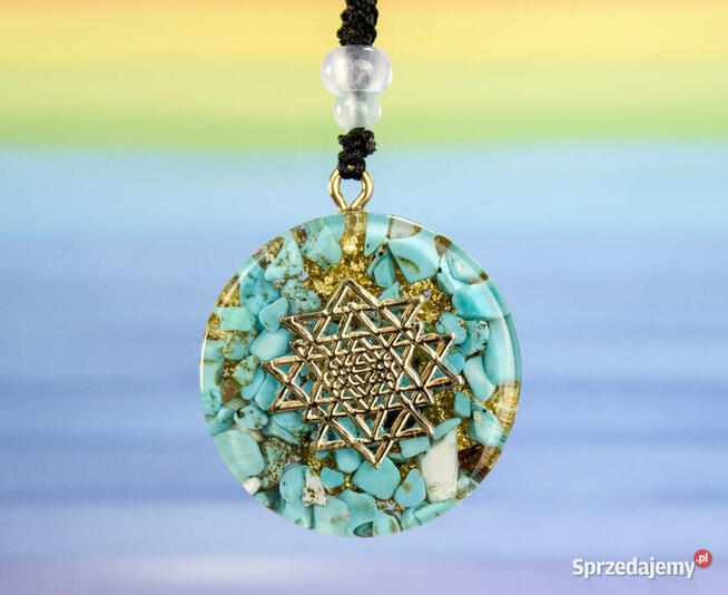 Naszyjnik Wisiorek Turkus Złota Folia Śri Jantra Piękny
