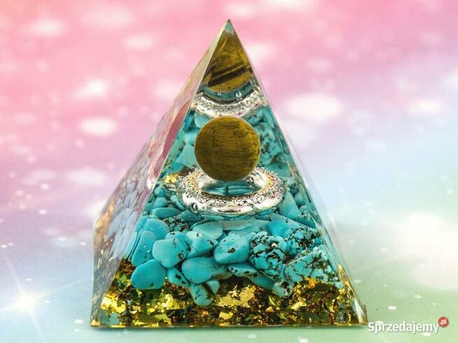 PIĘKNA PIRAMIDKA ORGONIT TURKUS TYGRYSIE OKO ZŁOTA FOLIA