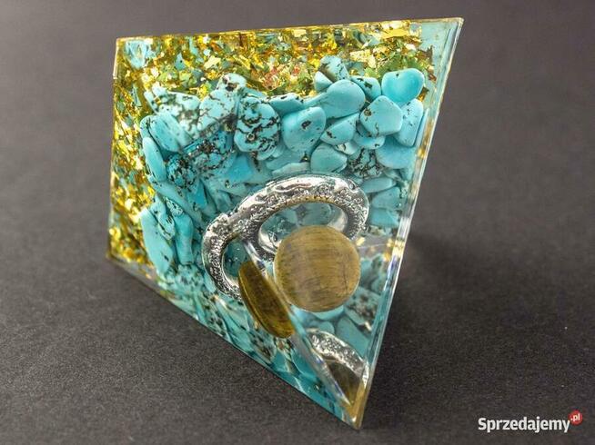 PIĘKNA PIRAMIDKA ORGONIT TURKUS TYGRYSIE OKO ZŁOTA FOLIA