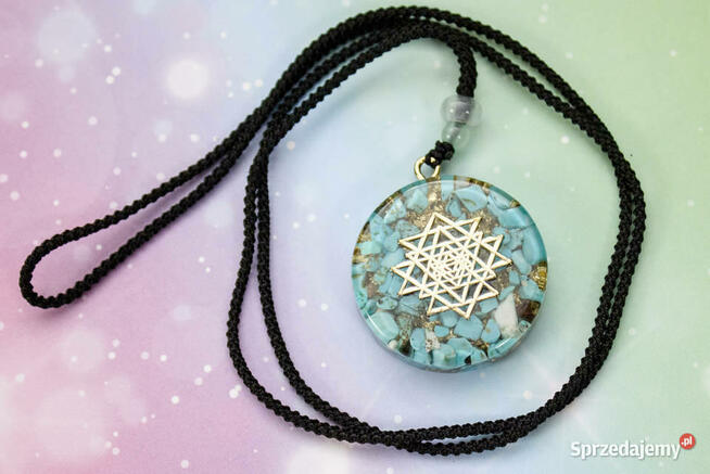 Naszyjnik Wisiorek Turkus Złota Folia Śri Jantra Piękny