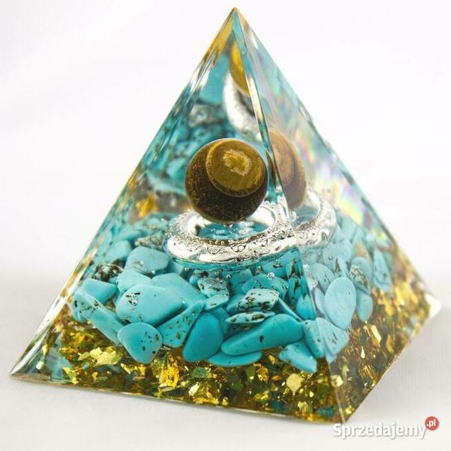 PIĘKNA PIRAMIDKA ORGONIT TURKUS TYGRYSIE OKO ZŁOTA FOLIA