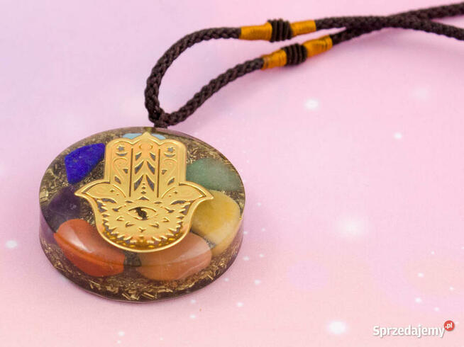 Naszyjnik Amulet Wisior Cytryn Lazuryt Ametyst Ręka Fatimy