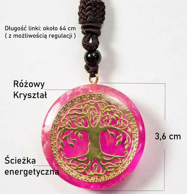 Piękny Różowy Wisiorek Naszyjnik RÓŻOWY Kryształ Drzewo Życia