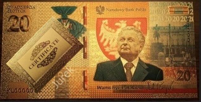 NOWY Złoty Banknot 20 zł LECH KACZYŃSKI ZŁOTO CERTYFIKAT Au
