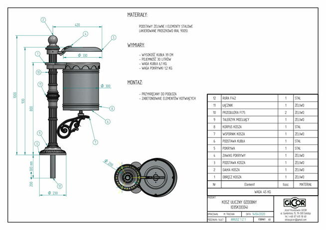 KOSZ MIEJSKI ULICZNY PARKOWY ŻELIWNY