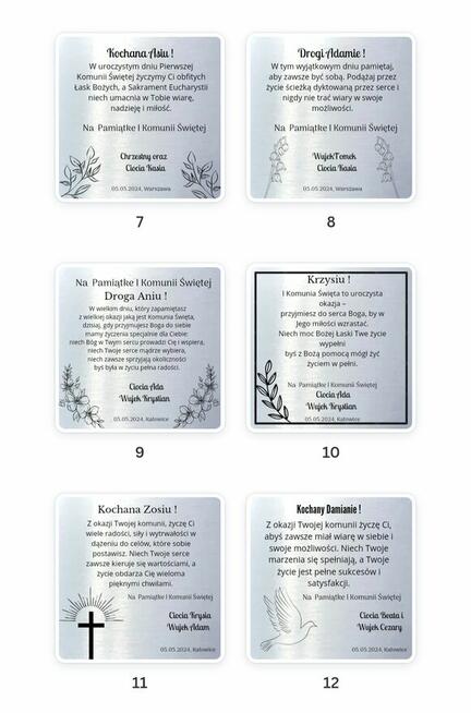 Kartka aluminiowa Elegancka srebrna złota komunia inne