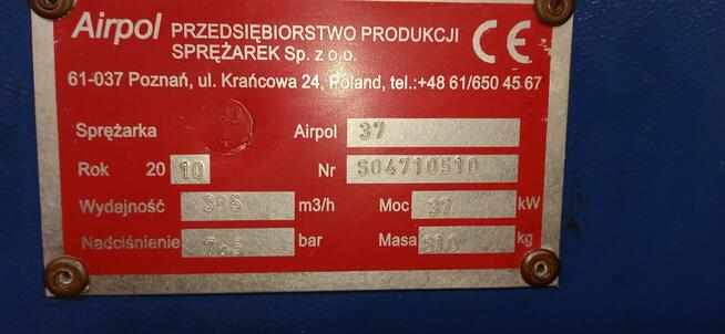 Kompresor sprężarka śrubowa AIRPOL 37 kW - 7,5 Bar - 385 m3/