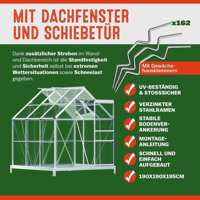 Szklarnia Aluminiowa 190x190x195cm z Fundamentem Dostawa 0zł