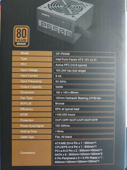 Zasilacz GIGABYTE P550B 550W 80 Plus