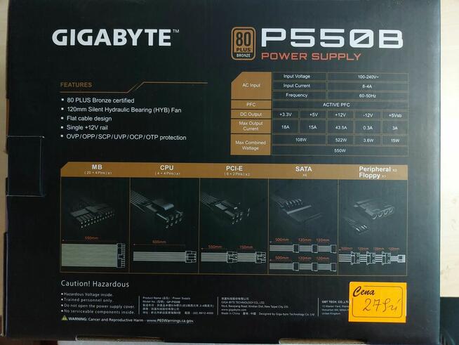 Zasilacz GIGABYTE P550B 550W 80 Plus