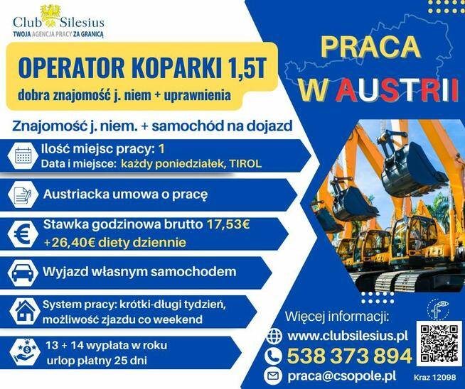 Operator żurawia lub koparki praca w Austrii 2025