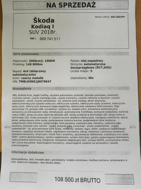 Skoda Kodiaq 2.0 TDI 190 KM DSG 4x4 2018 r salon PL