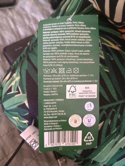 Poduszka o wym. 124X48X8/10 cm - na fotel ogrodowy