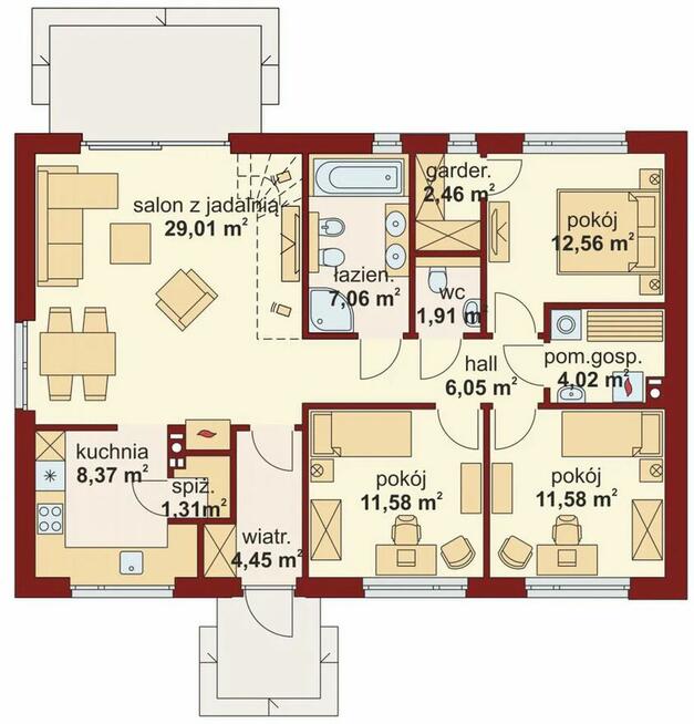 Nowoczesny parterowy dom dla rodziny + poddasze użytkowe 57m