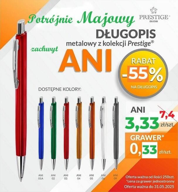 250 szt. Eleganckich, metalowych długopisów z grawerem