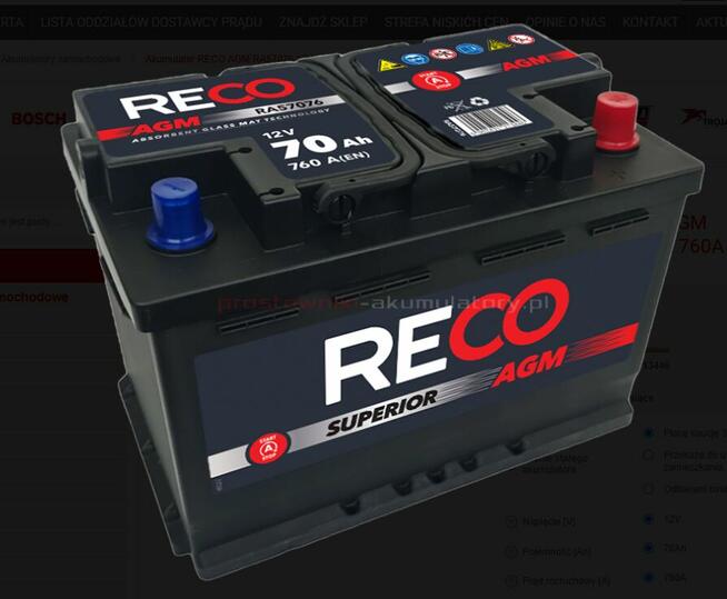 Akumulator Samochodowy Reco 70AH AGM 760A DO START STOP
