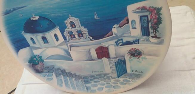 Souvenir Talerz z piękną grafiką Greckiej wyspy Santorini