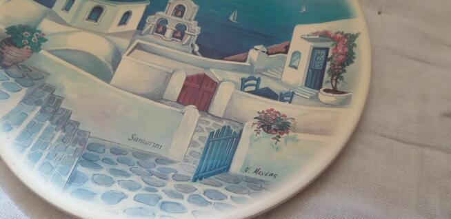 Souvenir Talerz z piękną grafiką Greckiej wyspy Santorini