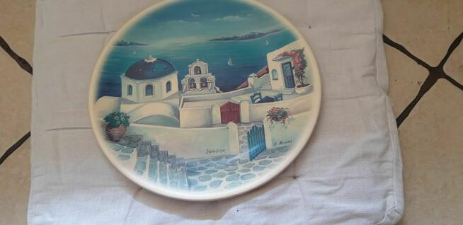 Souvenir Talerz z piękną grafiką Greckiej wyspy Santorini