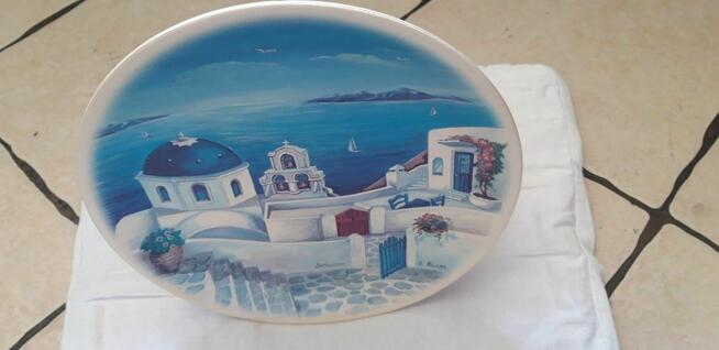Souvenir Talerz z piękną grafiką Greckiej wyspy Santorini