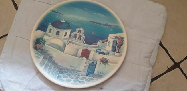Souvenir Talerz z piękną grafiką Greckiej wyspy Santorini