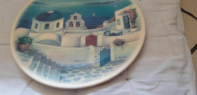 Souvenir Talerz z piękną grafiką Greckiej wyspy Santorini