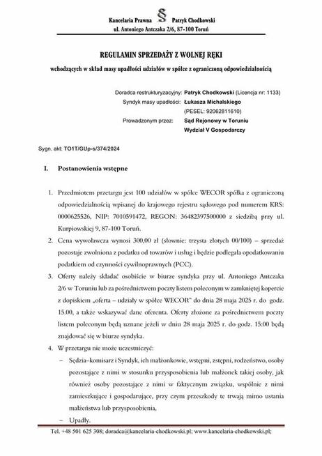 Syndyk sprzeda udziały w spółce WECOR