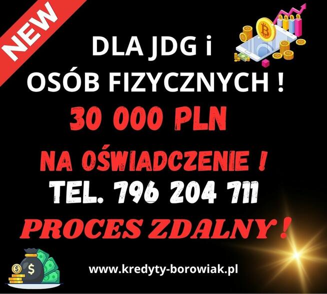 KREDYT DLA FIRM I OSÓB FIZYCZNYCH NA OŚWIADCZENIE DO 30 OOO