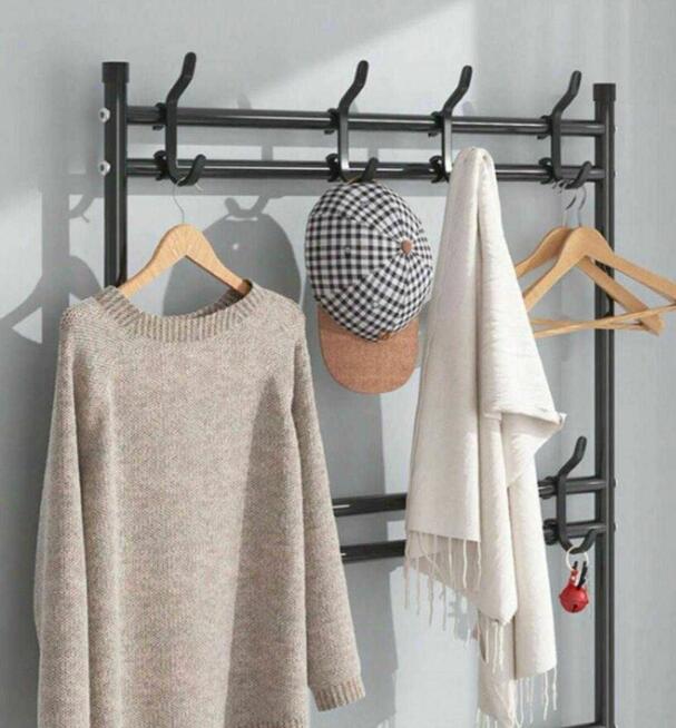 Wieszak Stojący z Półkami na Buty i Haczykami Czarny