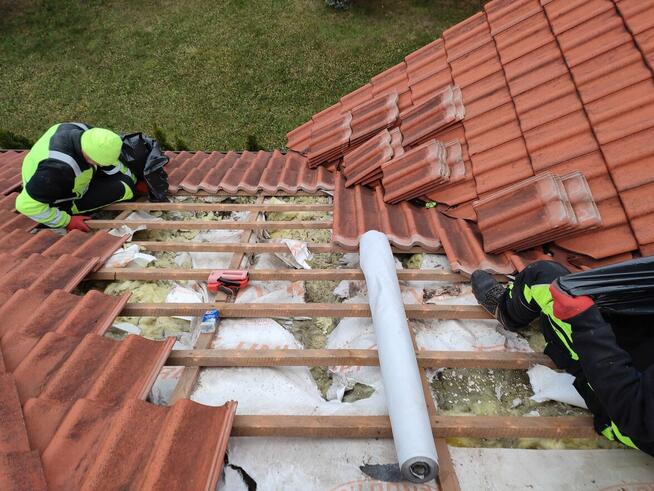 Ocieplanie celulozą i naprawa izolacji dachu po kunie