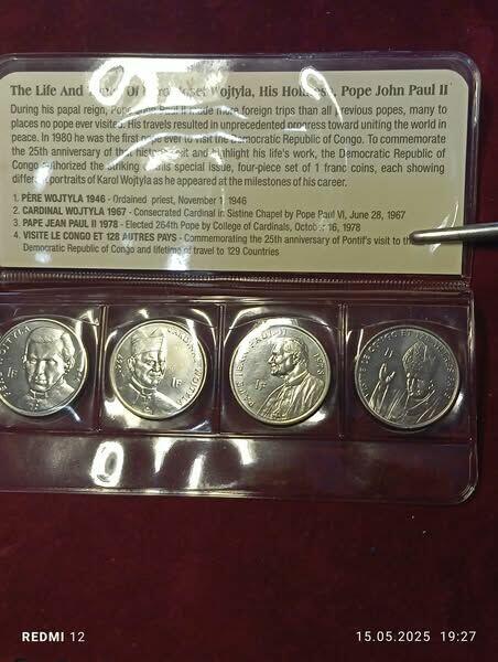 KONGO CONGO ZESTAW 4 MONET 1 FRANC 2004 PAPIERZ JAN PAWEŁ II