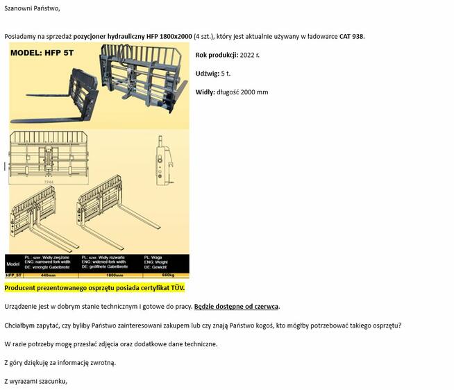 Pozycjoner hydrauliczny wideł HFP 1800x2000mm + szybkozłącze