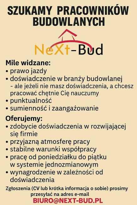 szukamy pracowników budowlanych do firmy next-bud