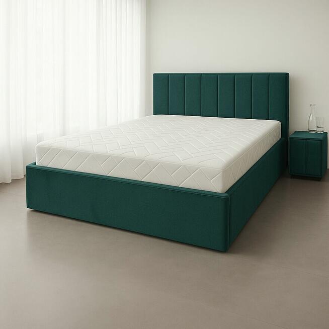 Łóżko sypialniane z pojemnikiem że stelażem i stolikiem nocn