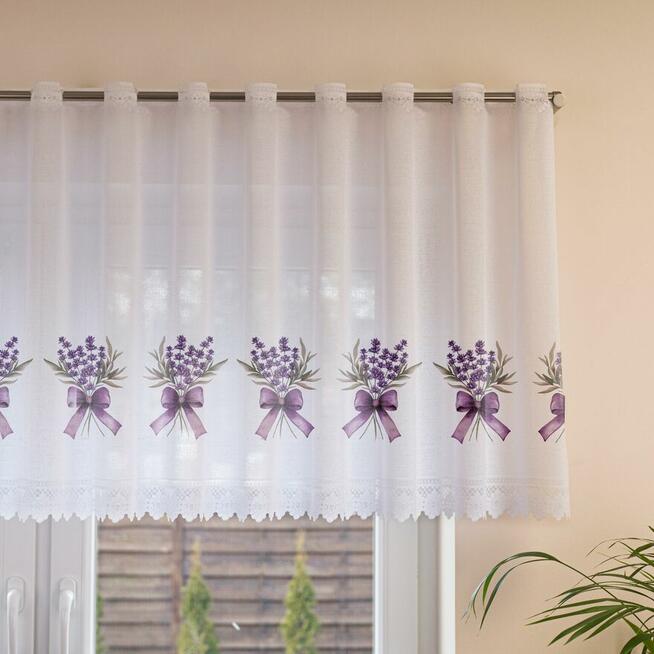 Zazdrostki wzór Lawenda, krótkie firany do kuchni, firana