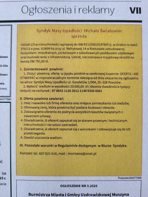 syndyk sprzeda udział 1/3 w nieruchomości