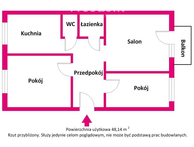 Mieszkanie 3 pokoje, 2. piętro – 48 m2.