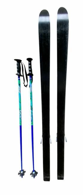 Narty zjazdowe z wiązaniami Tyrolia i kijkami Elan