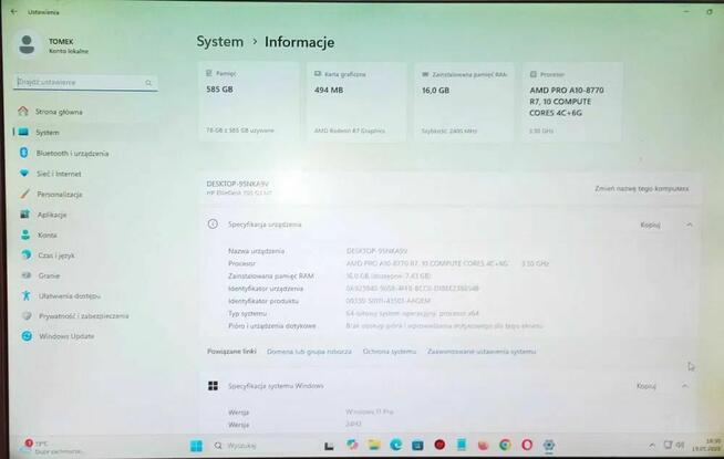 Komputer HP EliteDesk 705 G3 Procesor 3,5GHz 4 rdzenie Ram D