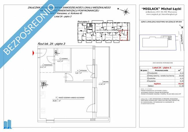 Mieszkanie nr 24: 2 pokojowe 44,44 m2, 3 piętro (miejsce postojowe w garażu podziemnym)