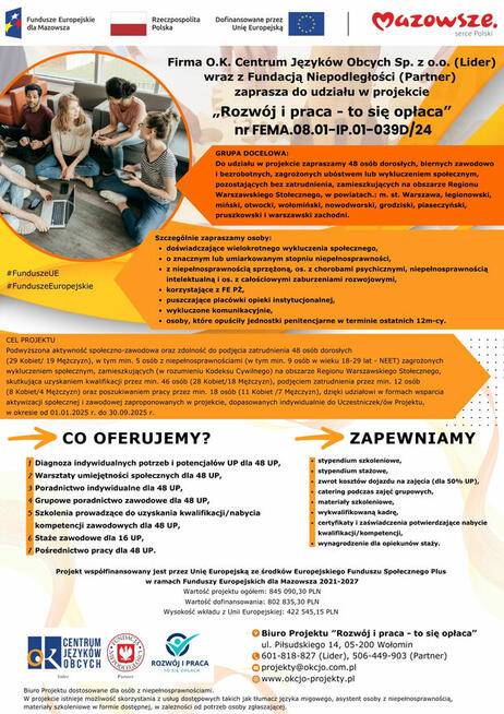 Staż zawodowy, Szkolenie zawodowe, udział w Projekcie UE