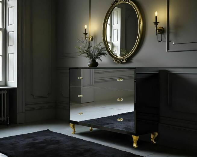 Komoda czarna glamour, lustro, krysztal, noga ludwik zlota!!!