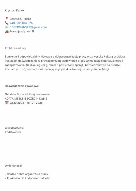 Pilnie podejmę się jako Kierowca KAT B SZCZECIN