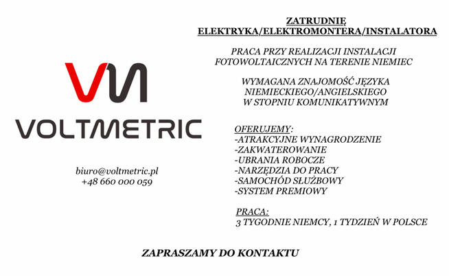 Elektromonter / elektryk – instalacje fotowoltaiczne
