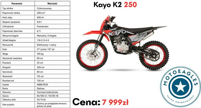 KAYO K2 Cross Kayo K2 250 Transport Raty Fvat Rozrusznik Manual Lampa Led