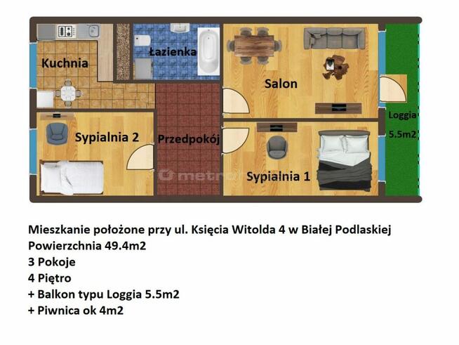 Mieszkanie 49.4m2 - 3 pokoje - oś. Jagiellońskie