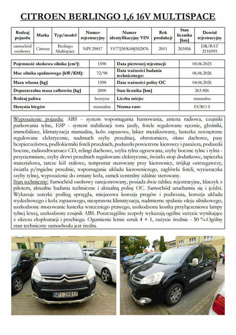 Syndyk sprzeda Citroen Berlingo z 2011r.